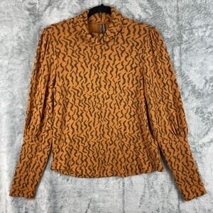Anthropologie Turtleneck Sweater Medium Mustrard Yellow Geometric Puff Sleeve